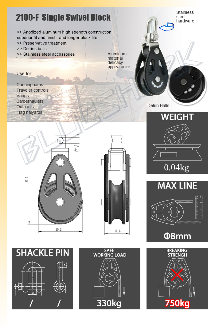 BLOCZEK REGATOWY ŁOŻYSKOWANY 28mm ALUMINIOWY POJEDYNCZY 2100 - BLUESHARK