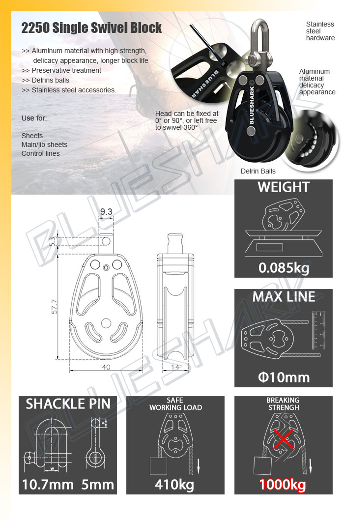 BLOCZEK REGATOWY ŁOŻYSKOWANY 38mm ALUMINIOWY POJEDYNCZY 2250 - BLUESHARK